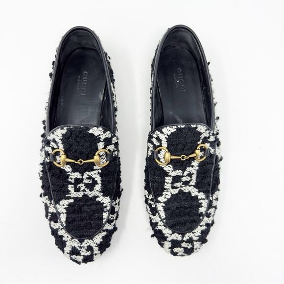 Gucci Jordaan GG Tweed Horsebit Loafers Black White Size 37 - Picture 2 of 12